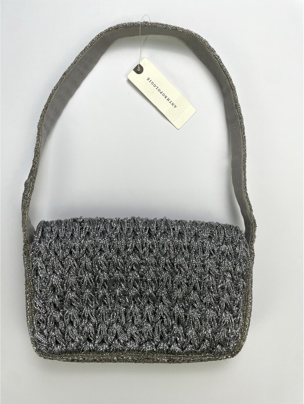 NWT Anthropologie Maeve The Fiona Beaded Bag Crochet Edition Silver Metallic